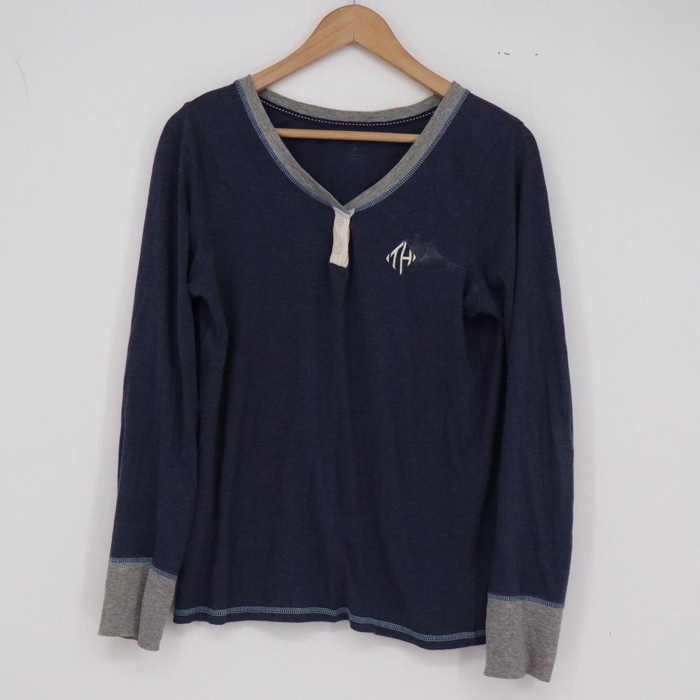 Tommy Hilfiger Long Sleeve Womens L Navy Blue V-Neck Contrast Good